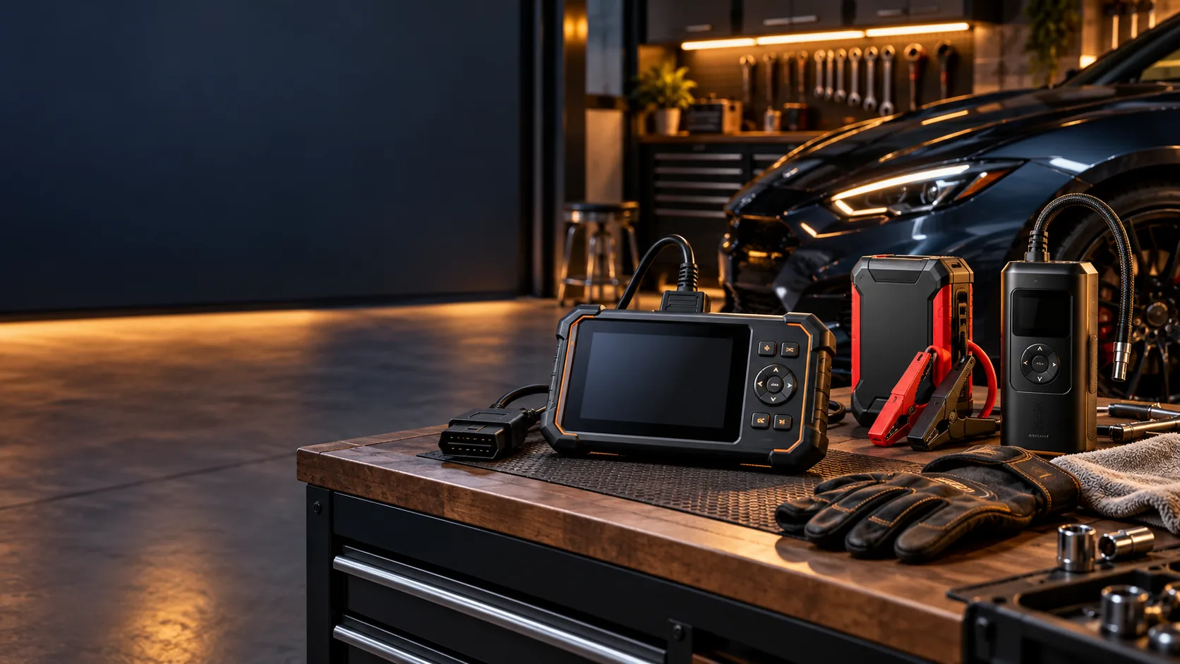 Automotive diagnostic tools arranged on a garage workbench